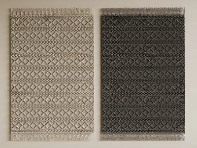 Light Beige And Dark Gray Square Rugs With Geometric Patterns And Fringed Edges 3d model