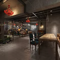Industrial Style Café Interior With Red Brick Walls Concrete Floors Wooden Furniture And Bakery Shelves