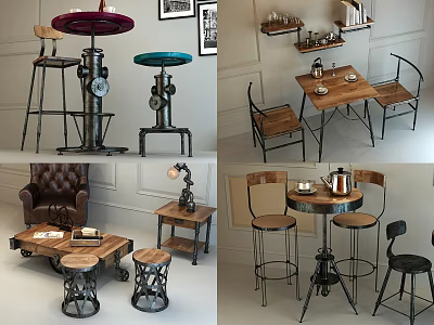 Industrial Style Wooden Table And Metal Chair Set For Dining Room 3d model