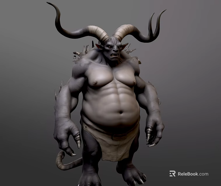 Game Movie Character With Large Horns Muscular Build Bulging Belly Gray Skin And Leather Skirt 3d model 