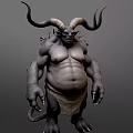 Game Movie Character With Large Horns Muscular Build Bulging Belly Gray Skin And Leather Skirt