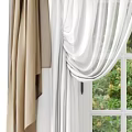 Elegant Beige and White Layered Curtains with Pleated Top by Window and Natural View