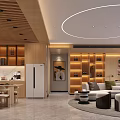 Modern Living Dining Room Interior With Circular Ceiling Light Sofa Coffee Table And City View