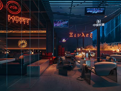 Modern Bar Interior With Neon Signs Candlelit Seating And Comfortable Chairs 3d model
