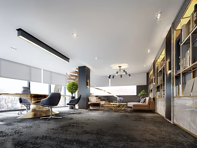 Modern Office Interior With Spacious Layout Floor To Ceiling Windows Desk Chairs Sofa And Bookshelves 3d model