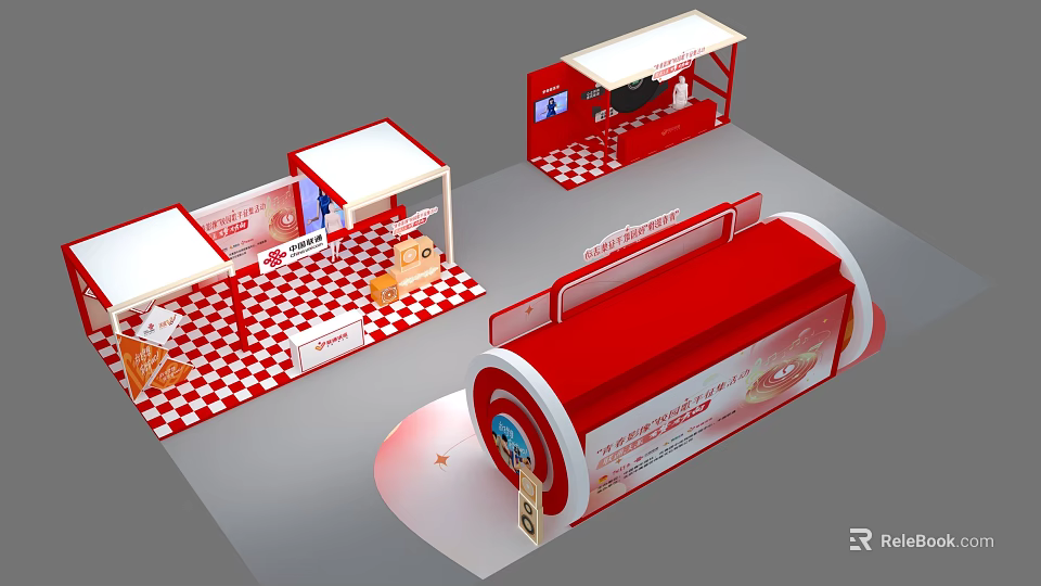 Red And White Exhibition Booths Featuring Checkered Floor Display Counters And Digital Screens 3d model