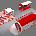 Red And White Exhibition Booths Featuring Checkered Floor Display Counters And Digital Screens 3d model