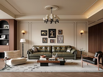 French Middle-style Living Room Sofa Coffee Table Multi-person Sofa Chandelier Floor Lamp Hanging Picture 3d model