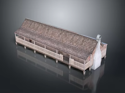Cartoon Scene Of Long Building With Brown Tiled Roof And White Railings 3d model