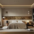 Serene Modern Bedroom Interior With Neutral Bedding Tropical Mural Accent Chair And Soft Rug