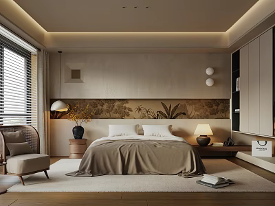 Serene Modern Bedroom Interior With Neutral Bedding Tropical Mural Accent Chair And Soft Rug 3d model