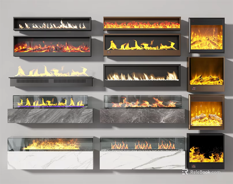 Different Modern Fireplace Designs With Various Materials And Realistic Flame Effects 3d model 