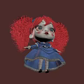 Woman Doll With Red Curly Hair Pigtails Blue Eyes And Blue Dress Against Brown Background
