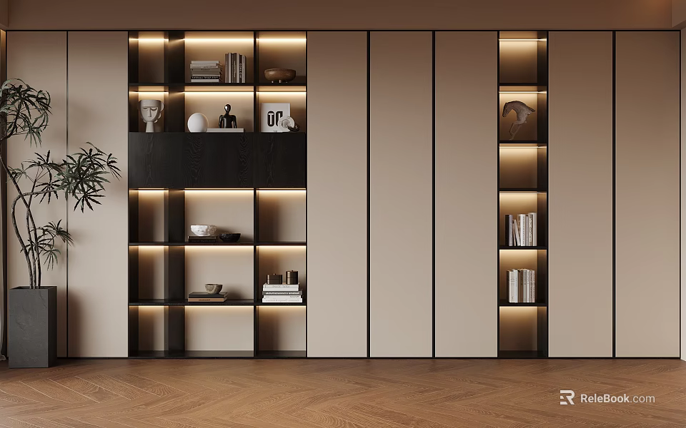 Modern Lighted Bookshelf with Open Shelves Books Decorative Items and Wooden Floor 3d model 