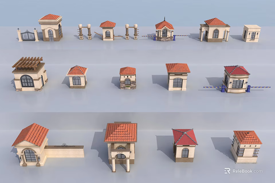 Various Small Building Models With Red Roofs And Light Colored Bodies In Different Styles 3d model