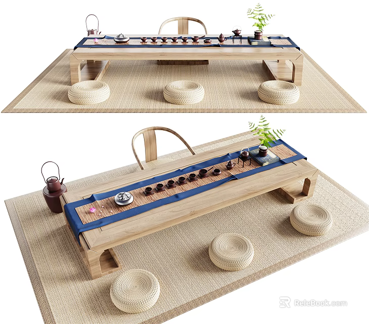 Traditional Wooden Tea Table with Stools Tatami Mat and Tea Sets 3d model 