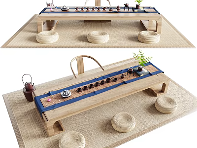 Traditional Wooden Tea Table with Stools Tatami Mat and Tea Sets 3d model
