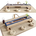 Traditional Wooden Tea Table with Stools Tatami Mat and Tea Sets 3d model
