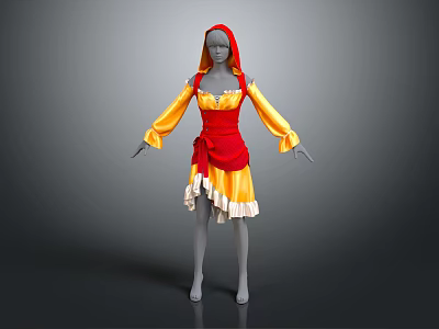 Stylish Hooded Dress With Red Bodice Yellow Sleeves And White Ruffled Hem 3d model