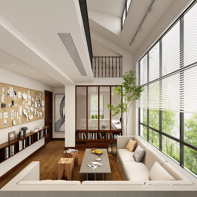 Modern Villa Balcony Design With Large Glass Windows Green Plants And Cozy Sofa 3d model 