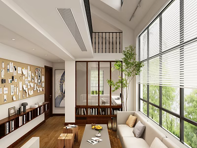 Modern Villa Balcony Design With Large Glass Windows Green Plants And Cozy Sofa 3d model