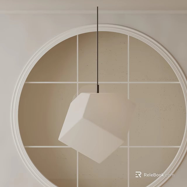 Modern Minimalist White Cube Pendant Light With Circular White Frame And Square Grid Background 3d model 