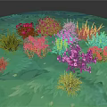 Vibrant Scenic Landscape With Pink Purple White Flowers and Lush Green Grass on Turquoise Ground