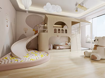 Children's Room Interior With Wooden Slide Ball Pit Colorful Balls And Large Teddy Bear 3d model