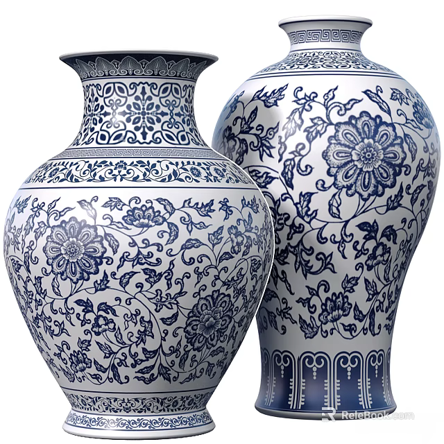 Blue and White Ceramic Vases With Traditional Floral Vine Patterns 3d model 