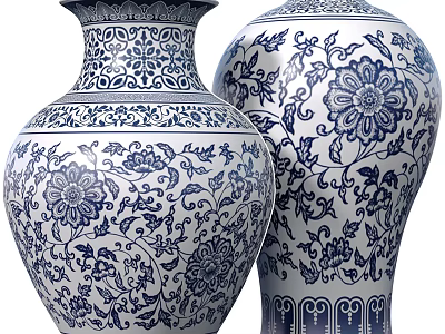 Blue and White Ceramic Vases With Traditional Floral Vine Patterns 3d model