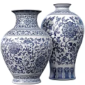 Blue and White Ceramic Vases With Traditional Floral Vine Patterns 3d model