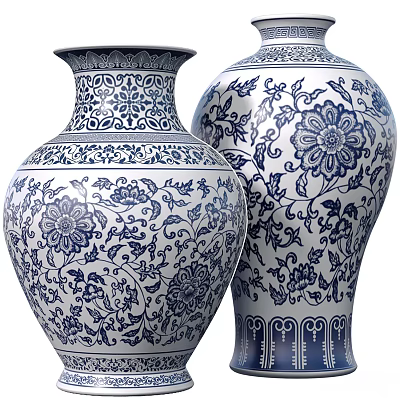 Blue and White Ceramic Vases With Traditional Floral Vine Patterns 3d model