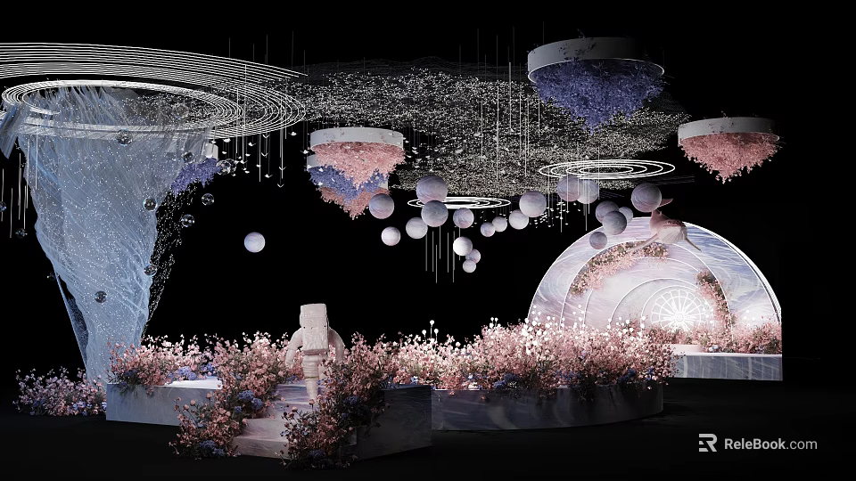 Elegant Banquet Hall With Hanging Circular Ornaments Purple Pink Flowers And Lighting 3d model 