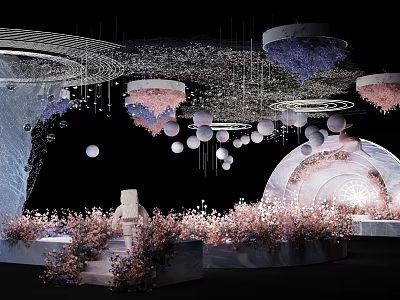 Elegant Banquet Hall With Hanging Circular Ornaments Purple Pink Flowers And Lighting 3d model