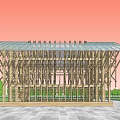 Sacred Religious Building With Wooden Frame Triangular Roof Cross Beams Under Orange Sky
