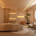 Serene SPA Sauna Room With Massage Bed Round Window Stone Bathtub Soft Lighting Green Plants And Beige Walls