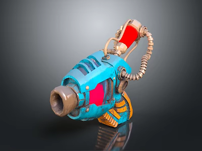 Blue And Red Mechanical Sci Fi Weapon With Coiled Spring Barrel And Gears 3d model