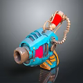 Blue And Red Mechanical Sci Fi Weapon With Coiled Spring Barrel And Gears