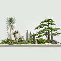 Garden Ornament With Stone Rocks Bamboo Pine Tree Small Statues Green Plants And White Pebbles