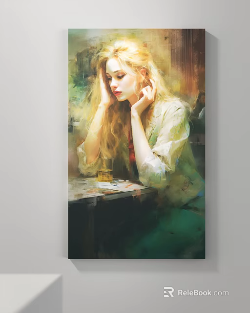 Oil Painting Style Female Portrait With Long Hair Sitting At Table Holding Cards And Cup 3d model 
