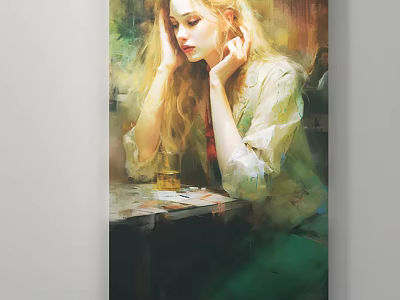 Oil Painting Style Female Portrait With Long Hair Sitting At Table Holding Cards And Cup 3d model