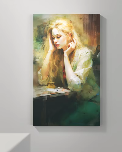 Oil Painting Style Female Portrait With Long Hair Sitting At Table Holding Cards And Cup 3d model