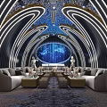 Modern Luxury KTV Interior With Round Screen Sofas Coffee Tables And Light Strips