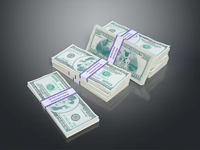 Stacks of Bundled US Dollar Bills Neatly Arranged on Black Surface 3d model