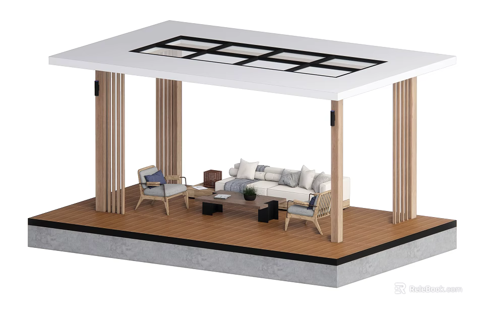 Modern Pergola Design With White Roof Black Grid Wooden Columns And Outdoor Lounge 3d model 