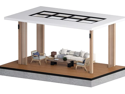 Modern Pergola Design With White Roof Black Grid Wooden Columns And Outdoor Lounge 3d model