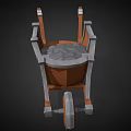 3D Model of Vintage Wooden Cart With Metal Frame and Gray Seat Structure