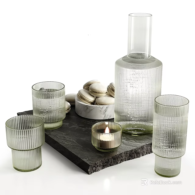 Transparent Ribbed Glasses with Macarons Lit Candle and Glass Bottle on Slate Tray 3d model 