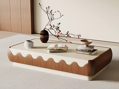 Modern Coffee Table with Wavy White Wood Design Topped with Vase Books and Dishes 3d model