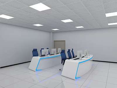 Monitoring Room Interior With Curved Console Desks Computer Monitors And Blue Chairs 3d model